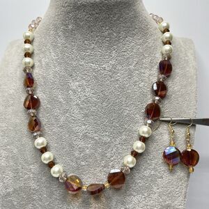 Artisan Amber Color Glass White Faux Pearl Beaded Necklace Earrings Set Stunning